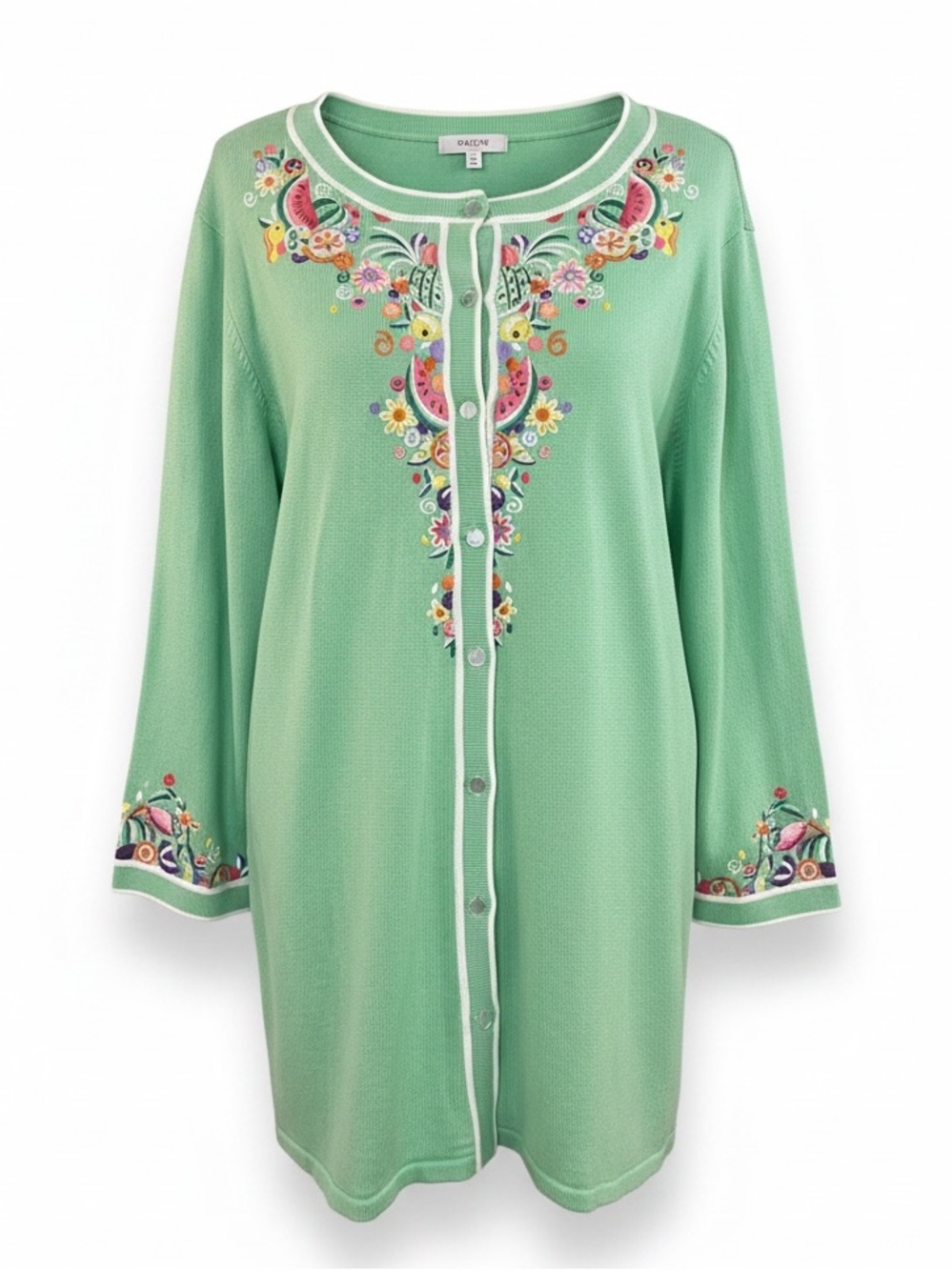 BOB MACKIE WEARABLE ART FRUIT FLORAL EMBROIDERED CARDIGAN  SWEATER GREEN SZ XL